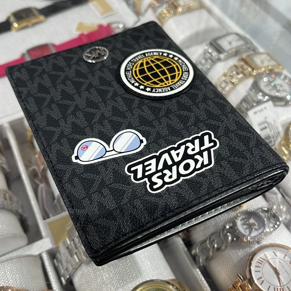 Michael Kors Jet Set Travel Md Embellished Signature Logo Passport Case Black